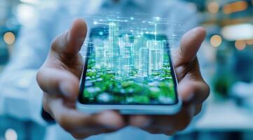 A hand holds a smartphone displaying a futuristic cityscape, symbolizing technology, innovation, and urban development. photo