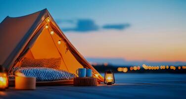 Cozy camping tent with warm lights outdoors at dusk, creating a serene atmosphere for relaxation and adventure. photo
