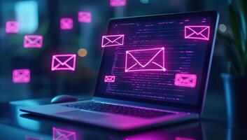 A laptop displaying email notifications in vibrant pink colors, symbolizing digital communication and connectivity in a modern workspace. photo