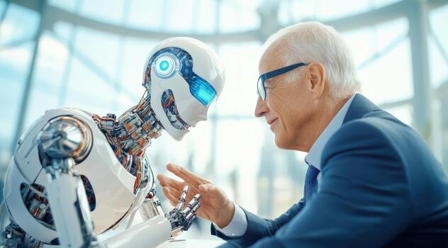A robot and an elderly man engage in a profound interaction, highlighting the fusion of technology and human connection. photo