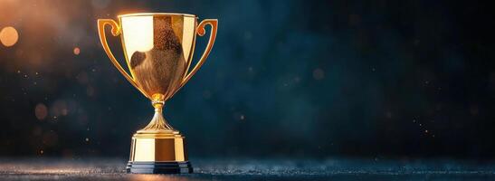 A shining golden trophy on a dark background, symbolizing achievement and victory in competitions. photo