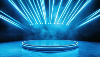 A vibrant stage illuminated by blue laser lights, creating a captivating atmosphere for performances and events. photo