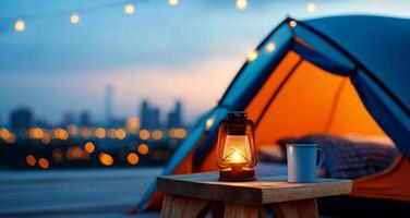 Serene camping scene at dusk, featuring a glowing lantern, cozy tent, and distant city lights, perfect for outdoor enthusiasts. photo