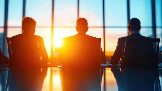 Silhouetted figures in a boardroom at sunset, symbolizing decision making and teamwork in a corporate environment. photo