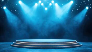 A stunning stage with blue lighting effects, ideal for performances, presentations, or events, creating a captivating atmosphere. photo
