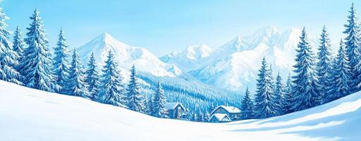 A serene winter landscape featuring snow-covered mountains and quaint houses amidst evergreen trees. photo