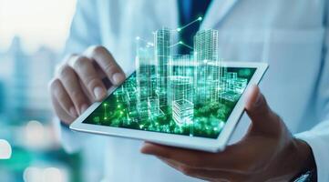 A professional holding a tablet displaying a futuristic cityscape with digital elements, symbolizing innovation and technology. photo