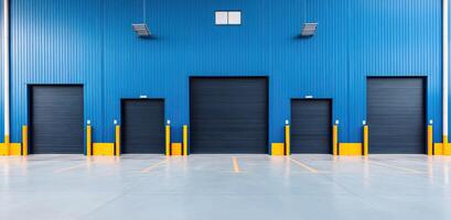 A modern warehouse interior featuring blue walls and multiple loading doors. Ideal for logistics and industrial themes. photo
