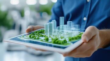 A person holds a digital tablet displaying a 3D model of a modern cityscape with greenery and skyscrapers in a bright setting. photo