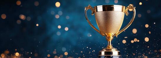 Shiny golden trophy on a vibrant blue background, symbolizing achievement and success, surrounded by sparkling bokeh lights. photo