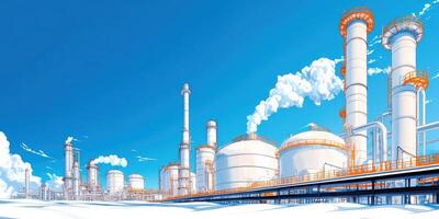 A vibrant illustration of an industrial plant against a clear blue sky, showcasing modern architecture and energy production. photo