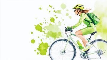 Dynamic cyclist in vibrant green gear riding with style, surrounded by a splash of color, symbolizing energy and freedom. photo