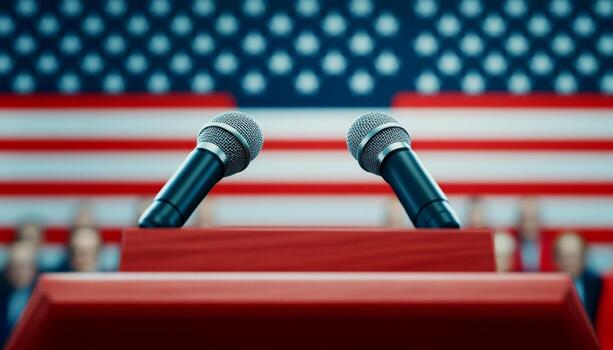Close-up of two microphones on a podium with an American flag background, symbolizing public speaking or political discourse. photo