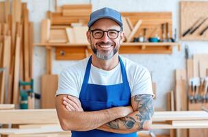 Smiling craftsman in blue apron, standing confidently in a wood workshop filled with tools and wooden materials. photo