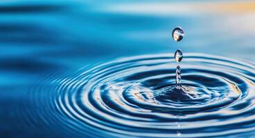 A serene close-up of a water droplet creating ripples in a tranquil blue surface, capturing the beauty of nature's simplicity. photo