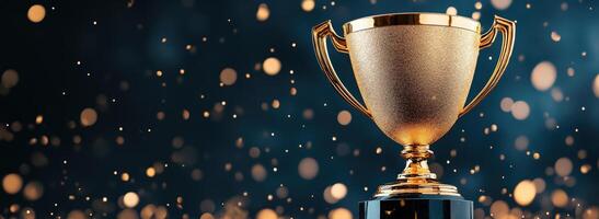 A stunning golden trophy shines against a backdrop of sparkling bokeh, symbolizing achievement and celebration. photo