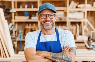 Portrait of a smiling carpenter in an apron, showcasing mastery and craftsmanship in a woodwork workshop. photo