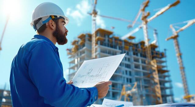 Construction worker reviewing blueprints at a building site, showcasing teamwork and planning in modern architecture. photo