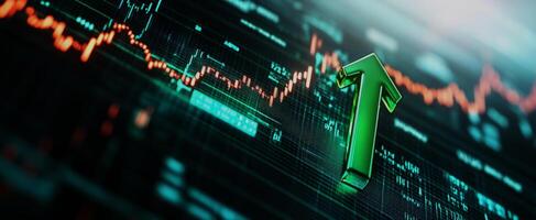 A vibrant upward trend graph with green arrow, symbolizing financial growth and investment success in digital markets. photo