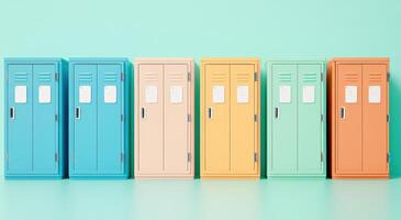 Colorful lockers lined against a mint green wall, ideal for school or storage concepts in modern design. photo