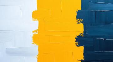 Abstract artwork featuring bold strokes of white, yellow, and dark blue, creating a striking visual contrast. photo