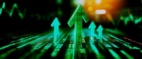 Dynamic green arrows symbolize growth and progress amidst a digital backdrop, representing data trends and market ascent. photo