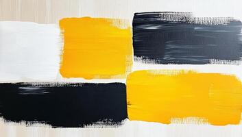 Abstract art with bold colors of black, white, and yellow, showcasing dynamic brush strokes on a textured background. photo