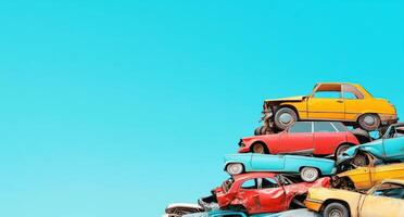 A vibrant stack of vintage cars against a bright blue sky, showcasing color and texture in an imaginative junkyard scene. photo