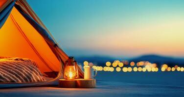 Cozy camping scene at dusk with a glowing lantern, a warm bed inside a tent, and a beautiful blurred background. photo