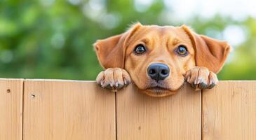 A cute dog peeking over a wooden fence, showcasing its curious expression and playful nature in a vibrant outdoor setting. photo