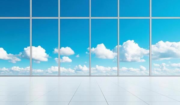 A spacious interior with large windows showcasing a bright blue sky and fluffy clouds, ideal for modern architecture themes. photo