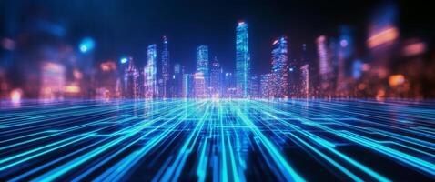Futuristic cityscape with vibrant blue lights and digital elements, showcasing modern architecture and technology. photo