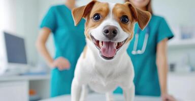Happy dog with a big smile at the vet clinic, showcasing a joyful moment between pet and caregiver. photo