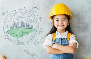A smiling girl in a hard hat poses confidently in front of a world drawing, embodying creativity and future aspirations. photo
