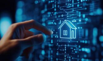 Hand interacting with a digital interface showcasing smart home technology in a modern, futuristic design. photo