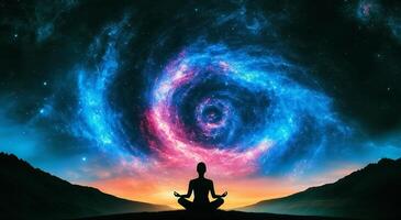 A meditative silhouette against a cosmic backdrop of swirling galaxies and vibrant colors, inspiring peace and reflection. photo