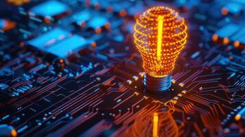 Digital gears and circuit board forming a lightbulb, technology, innovative business solutions. Illustration photo