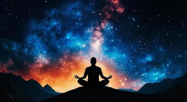 A serene figure meditates under a vibrant starry sky, embodying tranquility and connection with the universe. photo