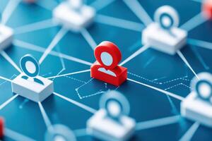 A digital network of connected users with a highlighted individual in red, representing social networking and online connections. photo