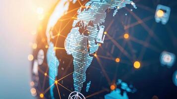 Digital globe with interconnected business icons, network, global business expansion. Illustration photo