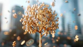 Golden Tree with Dollar Sign Leaves Growing in Urban Environment, Wealth, Financial Growth. Illustration photo