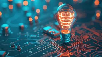 Digital gears and circuit board forming a lightbulb, technology, innovative business solutions. Illustration photo