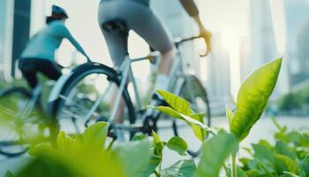 Office workers cycling to work with cityscape, green commuting, sustainable business practices. Illustration photo