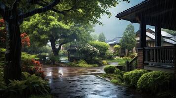 Rain falling on a street with a house and trees. photo