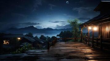 Wooden porch overlooking a mountain lake at night with a half moon in the sky. photo