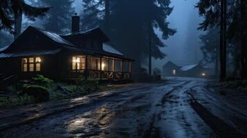 Two cozy cabins in the woods with lit windows, nestled in a foggy forest with a dirt road lit up by street lamps at night. photo