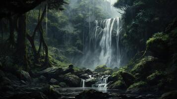 Lush greenery surrounds a cascading waterfall in a misty forest, creating a serene and magical atmosphere. photo