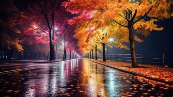 Wet road at night lined with colorful trees and glowing streetlights. photo