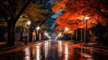 Wet asphalt road with street lights and fall foliage reflection in the city at night. photo