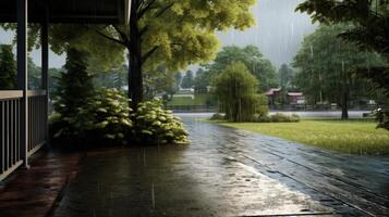 Wet Patio With Rain Falling From The Eaves Of A House. photo